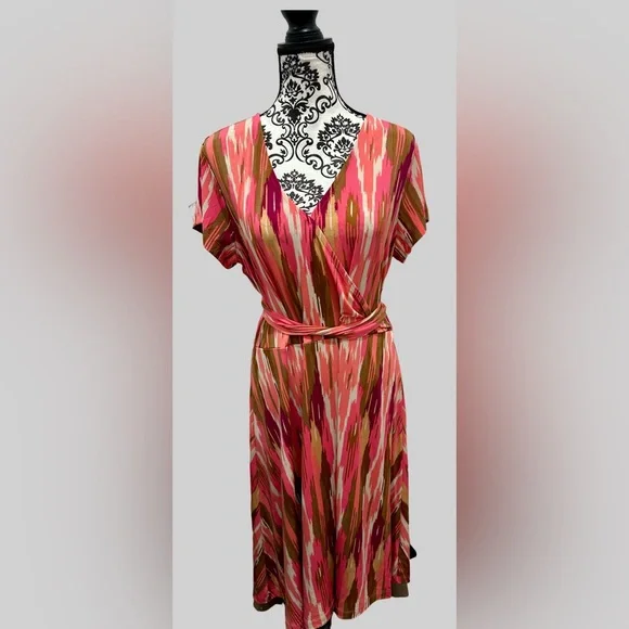 IMAN Global Chic Pink Multicolor Faux Wrap Dress Belt Short Sleeve - Picture 4 of 13